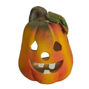 VTG Pair Studio 33 Chalkware Pumpkin Jack-O'-Lantern Halloween Candle Holders